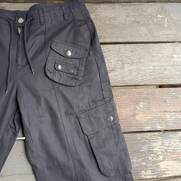 Black Wide Leg Cargo Mid-weight Denim Drawstring Snap Buttons Pants 9 Pockets - Picture 4 of 5